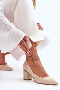 Best Klasyczne Zamszowe Czółenka Na Obcasie Z Ozdobą Jasnobeżowe Derren Damskie Czółenka Zamszowe|Czółenka Na Słupku
