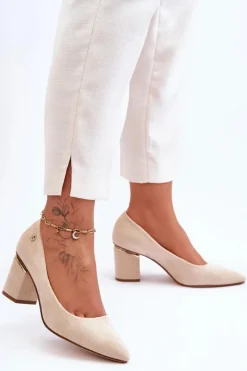 Best Klasyczne Zamszowe Czółenka Na Obcasie Z Ozdobą Jasnobeżowe Derren Damskie Czółenka Zamszowe|Czółenka Na Słupku