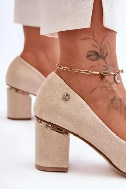 Best Klasyczne Zamszowe Czółenka Na Obcasie Z Ozdobą Jasnobeżowe Derren Damskie Czółenka Zamszowe|Czółenka Na Słupku