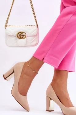 Best Klasyczne Zamszowe Czółenka Na Ozdobnym Słupku Beżowe Elizabeth Damskie Czółenka Na Słupku|Czółenka Klasyczne