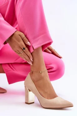 Best Klasyczne Zamszowe Czółenka Na Ozdobnym Słupku Beżowe Elizabeth Damskie Czółenka Na Słupku|Czółenka Klasyczne