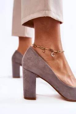 New Klasyczne Zamszowe Czółenka Na Słupku Szare Kendra Damskie Czółenka Zamszowe|Czółenka Na Słupku