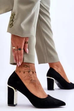 Hot Boto Klasyczne Zamszowe Czółenka Na Ozdobnym Słupku Czarne Elizabeth