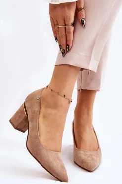 Hot Klasyczne Zamszowe Czółenka Na Obcasie Z Ozdobą Beżowe Derren Damskie Czółenka Zamszowe|Czółenka Na Słupku