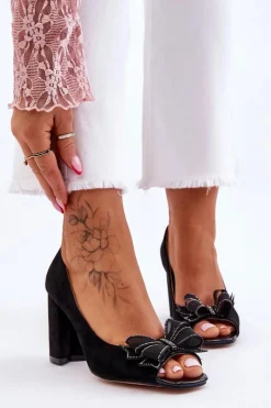 Outlet Klasyczne Zamszowe Czółenka Z Kokardą Czarne Corey Damskie Czółenka Zamszowe|Czółenka Na Słupku