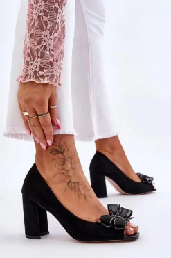 Outlet Klasyczne Zamszowe Czółenka Z Kokardą Czarne Corey Damskie Czółenka Zamszowe|Czółenka Na Słupku