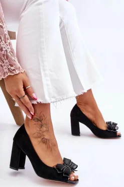 Outlet Klasyczne Zamszowe Czółenka Z Kokardą Czarne Corey Damskie Czółenka Zamszowe|Czółenka Na Słupku