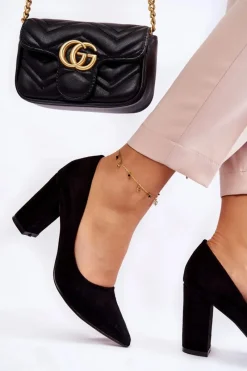 Boto Klasyczne Zamszowe Czółenka Na Słupku Czarne Kendra