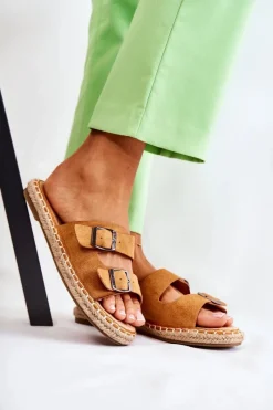 Sale Klasyczne Zamszowe Klapki Damskie Camel Casilda Damskie Klapki Damskie Klasyczne