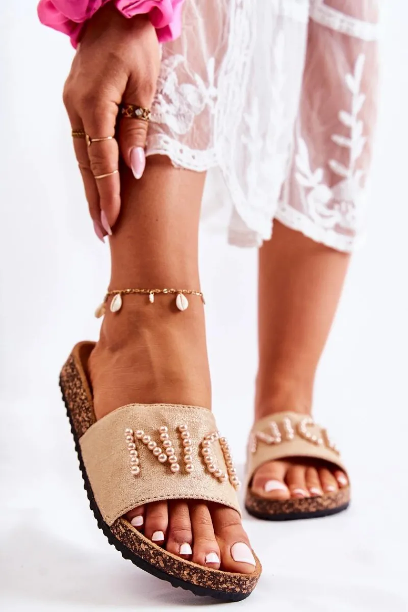 Hot Evento Klasyczne Zamszowe Klapki Z Koralikami Beżowe Vayana