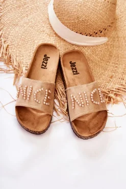 Hot Evento Klasyczne Zamszowe Klapki Z Koralikami Beżowe Vayana