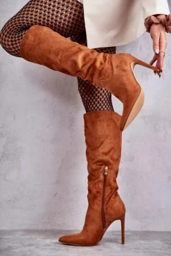 Hot Klasyczne Zamszowe Kozaki Na Szpilce Camel Ameya Damskie Kozaki Wiosenne|Kozaki Na Szpilce