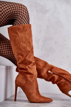 Hot Klasyczne Zamszowe Kozaki Na Szpilce Camel Ameya Damskie Kozaki Wiosenne|Kozaki Na Szpilce