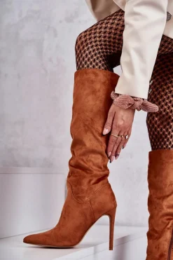 Hot Klasyczne Zamszowe Kozaki Na Szpilce Camel Ameya Damskie Kozaki Wiosenne|Kozaki Na Szpilce