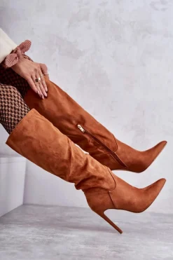 Hot Klasyczne Zamszowe Kozaki Na Szpilce Camel Ameya Damskie Kozaki Wiosenne|Kozaki Na Szpilce