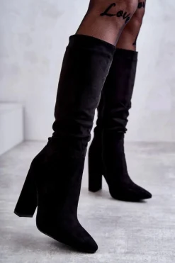 Best Klasyczne Zamszowe Kozaki Na Obcasie Czarne Tressa Damskie Kozaki Ocieplane|Kozaki Na Słupku