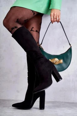 Best Klasyczne Zamszowe Kozaki Na Obcasie Czarne Tressa Damskie Kozaki Ocieplane|Kozaki Na Słupku