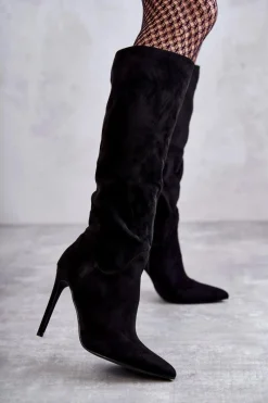 Hot Boto Klasyczne Zamszowe Kozaki Na Szpilce Czarne Ameya