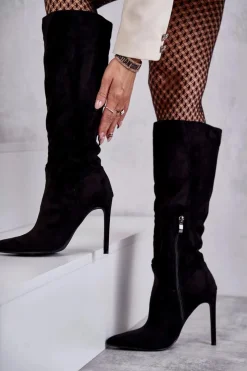 Hot Boto Klasyczne Zamszowe Kozaki Na Szpilce Czarne Ameya