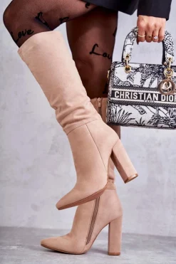 New Boto Klasyczne Zamszowe Kozaki Na Obcasie Ciemnobeżowe Tressa Beżowy