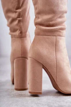 New Boto Klasyczne Zamszowe Kozaki Na Obcasie Ciemnobeżowe Tressa Beżowy