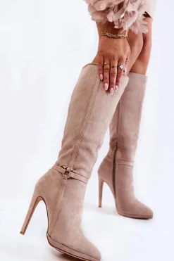 Kozaki Wiosenne|Kozaki Przed Kolano>Boto Klasyczne Zamszowe Kozaki Na Obcasie Beżowe Linney