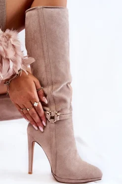 Kozaki Wiosenne|Kozaki Przed Kolano>Boto Klasyczne Zamszowe Kozaki Na Obcasie Beżowe Linney