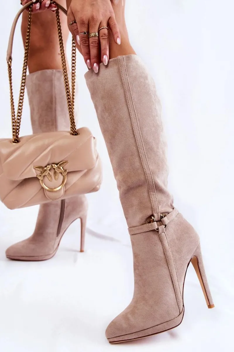 Kozaki Wiosenne|Kozaki Przed Kolano>Boto Klasyczne Zamszowe Kozaki Na Obcasie Beżowe Linney