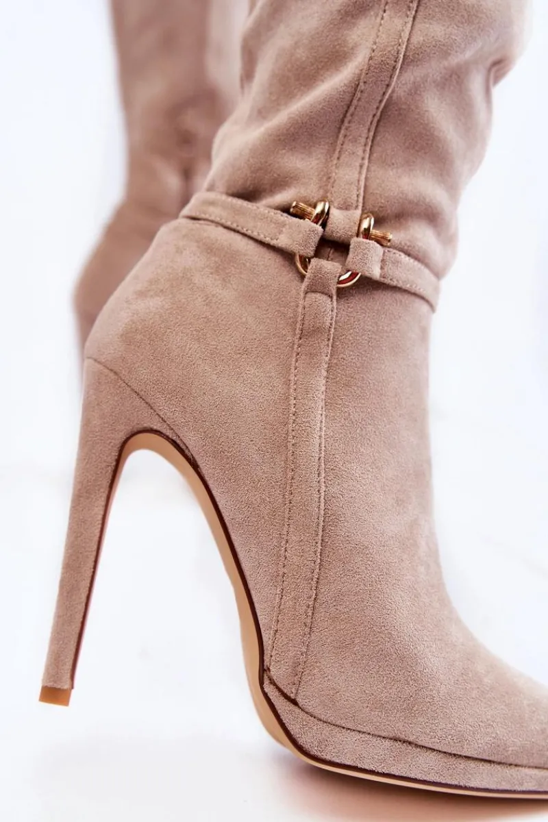 Kozaki Wiosenne|Kozaki Przed Kolano>Boto Klasyczne Zamszowe Kozaki Na Obcasie Beżowe Linney