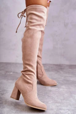 Outlet Klasyczne Zamszowe Kozaki Muszkieterki Beżowe Clarissa Damskie Kozaki Wiosenne|Kozaki Za Kolano