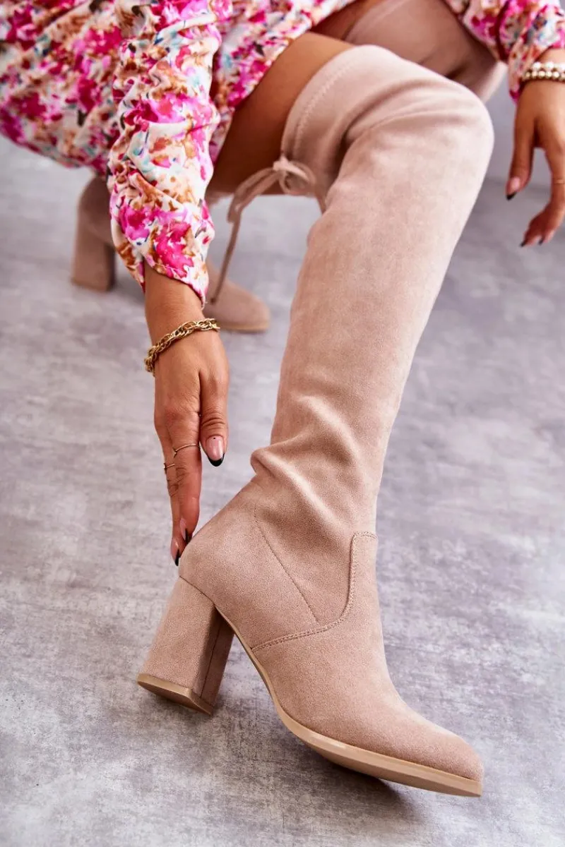 Outlet Klasyczne Zamszowe Kozaki Muszkieterki Beżowe Clarissa Damskie Kozaki Wiosenne|Kozaki Za Kolano