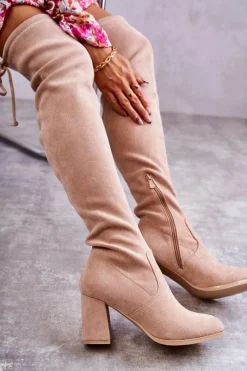 Outlet Klasyczne Zamszowe Kozaki Muszkieterki Beżowe Clarissa Damskie Kozaki Wiosenne|Kozaki Za Kolano