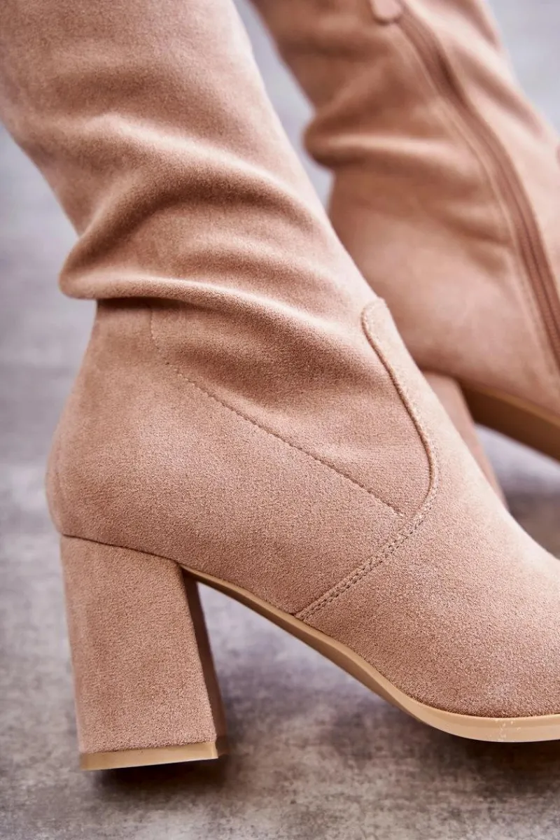 Outlet Klasyczne Zamszowe Kozaki Muszkieterki Beżowe Clarissa Damskie Kozaki Wiosenne|Kozaki Za Kolano