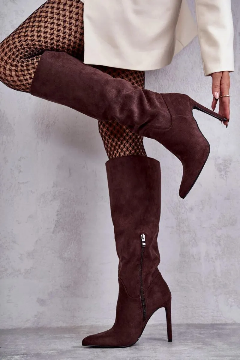 Clearance Boto Klasyczne Zamszowe Kozaki Na Szpilce Brązowe Ameya