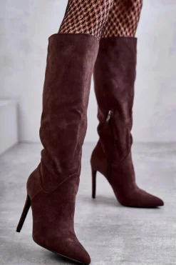 Clearance Boto Klasyczne Zamszowe Kozaki Na Szpilce Brązowe Ameya