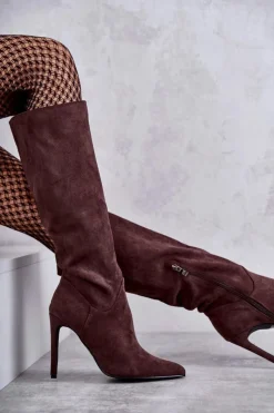 Clearance Boto Klasyczne Zamszowe Kozaki Na Szpilce Brązowe Ameya