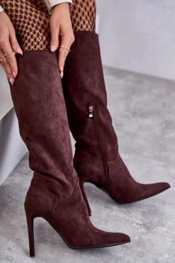 Clearance Boto Klasyczne Zamszowe Kozaki Na Szpilce Brązowe Ameya