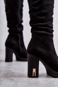 New Klasyczne Zamszowe Kozaki Na Suwak Czarne Laylah Damskie Kozaki Przed Kolano|Kozaki Na Obcasie