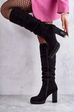 New Klasyczne Zamszowe Kozaki Na Suwak Czarne Laylah Damskie Kozaki Przed Kolano|Kozaki Na Obcasie