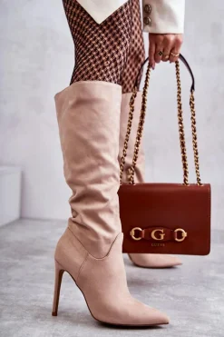 Outlet Boto Klasyczne Zamszowe Kozaki Na Szpilce Beżowe Ameya Beżowy