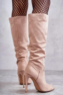 Outlet Boto Klasyczne Zamszowe Kozaki Na Szpilce Beżowe Ameya Beżowy