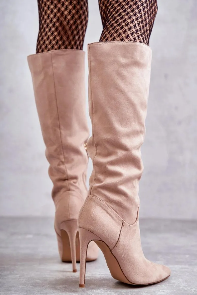 Outlet Boto Klasyczne Zamszowe Kozaki Na Szpilce Beżowe Ameya Beżowy