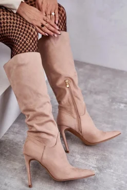 Outlet Boto Klasyczne Zamszowe Kozaki Na Szpilce Beżowe Ameya Beżowy