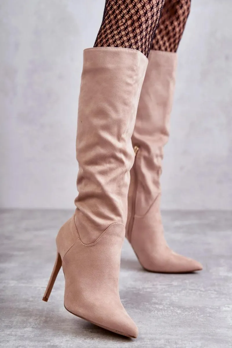 Outlet Boto Klasyczne Zamszowe Kozaki Na Szpilce Beżowe Ameya Beżowy