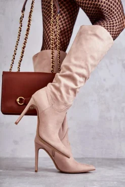 Outlet Boto Klasyczne Zamszowe Kozaki Na Szpilce Beżowe Ameya Beżowy