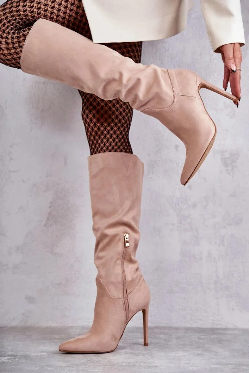 Outlet Boto Klasyczne Zamszowe Kozaki Na Szpilce Beżowe Ameya Beżowy