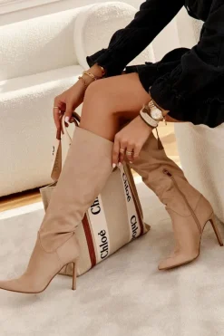 Outlet Boto Klasyczne Zamszowe Kozaki Na Szpilce Beżowe Ameya Beżowy