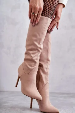 Outlet Boto Klasyczne Zamszowe Kozaki Na Szpilce Beżowe Ameya Beżowy