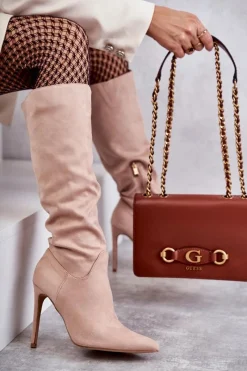 Outlet Boto Klasyczne Zamszowe Kozaki Na Szpilce Beżowe Ameya Beżowy