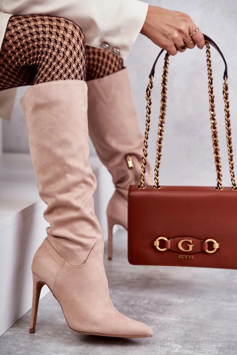 Outlet Boto Klasyczne Zamszowe Kozaki Na Szpilce Beżowe Ameya Beżowy